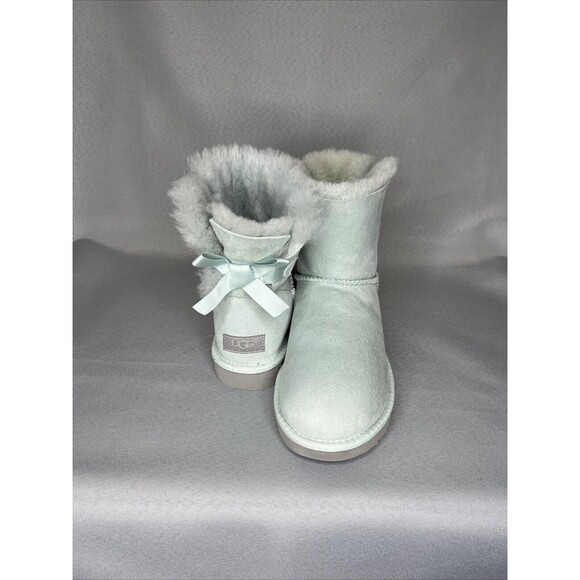 UGG Shoes - Womens Ugg Boots Sz 8 Ice Blue Bailey Bow Mini Suede Sherpa Coquette Festival